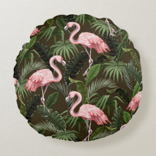 Seamless pattern with flamingo and tropical leaves round pillow