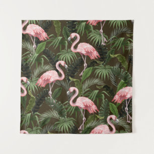 Seamless pattern with flamingo and tropical leaves tapestry