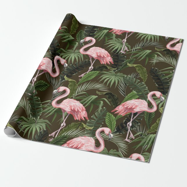 Seamless pattern with flamingo and tropical leaves wrapping paper (Unrolled)