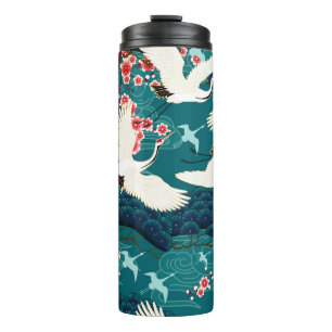 Seamless pattern with floral motives and cranescra thermal tumbler