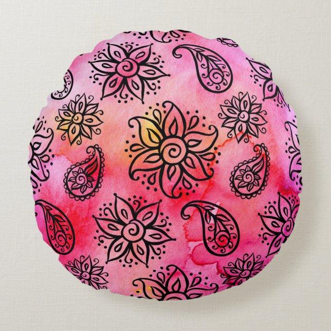 Seamless pattern with floral ornamental ethnic dec round pillow (Front)