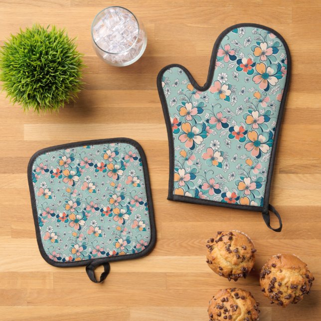  Seamless pattern with flowers Oven Mitt & Pot Holder Set (Top Down)