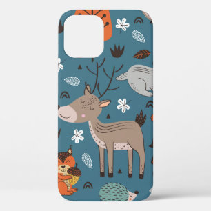 Seamless pattern with forest animals on blue backg iPhone 12 case