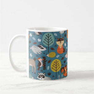 Seamless pattern with forest animals on blue backg coffee mug