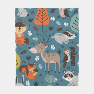 Seamless pattern with forest animals on blue backg fleece blanket