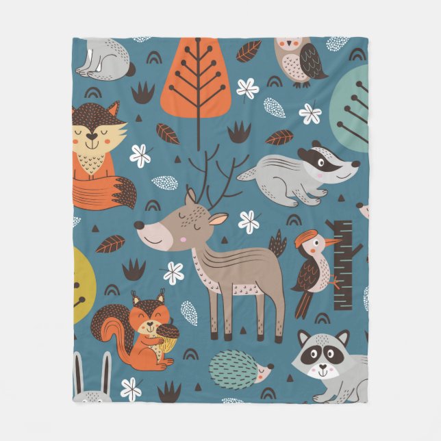 Seamless pattern with forest animals on blue backg fleece blanket (Front)
