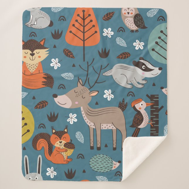Seamless pattern with forest animals on blue backg sherpa blanket (Front)