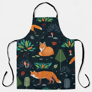 Seamless pattern with Foxes, trees, leaves, mushro Apron