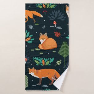 Seamless pattern with Foxes, trees, leaves, mushro Bath Towel