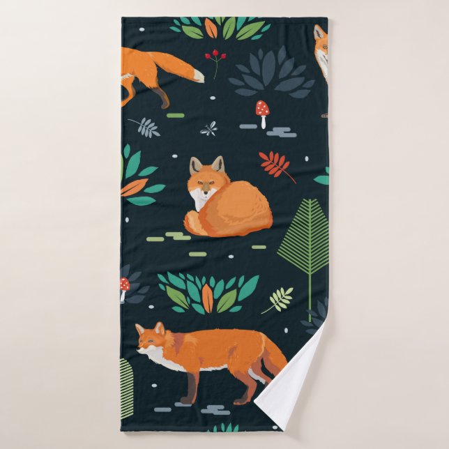 Seamless pattern with Foxes, trees, leaves, mushro Bath Towel (Bath Towel)