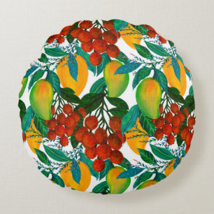 Seamless pattern with fresh bright exotic mango ra round pillow