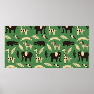 Seamless pattern with funny African animals and pl Poster