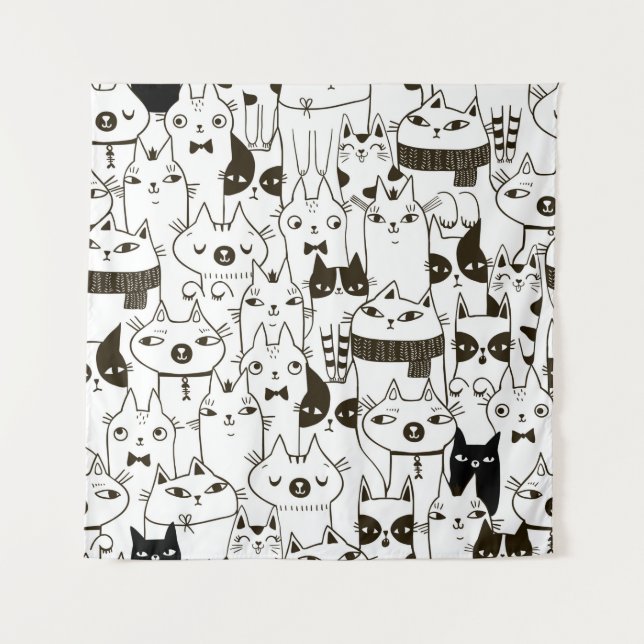 Seamless pattern with funny cat doodles.  tapestry (Front)