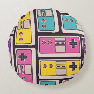 Seamless pattern with game joysticks. Colourful il Round Pillow