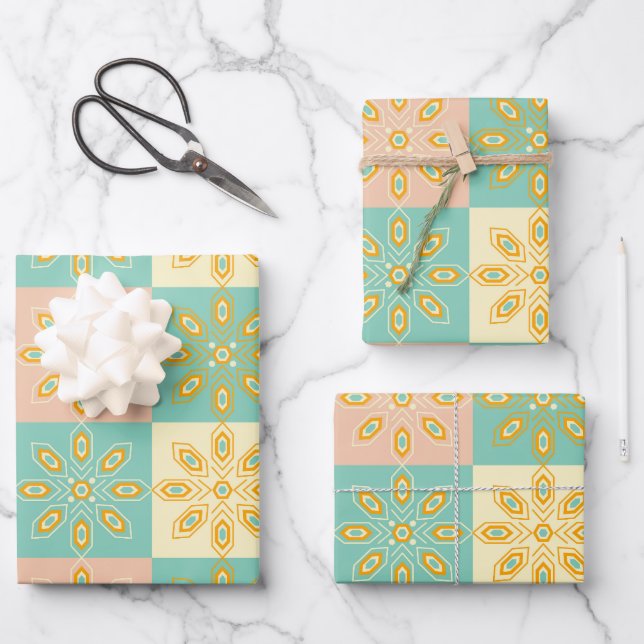 Seamless pattern with geometric floral motifs wrapping paper sheet (Front)