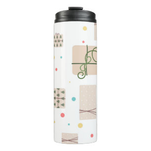 Seamless pattern with gift boxes. Gifts Packed in Thermal Tumbler