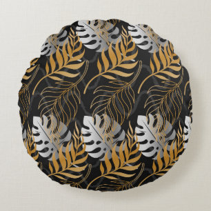 Seamless pattern with gold, silver tropical plant round pillow