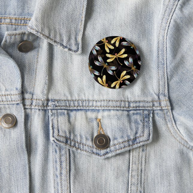 Seamless Pattern with Golden Dragonflies 2 Inch Round Button (In Situ)