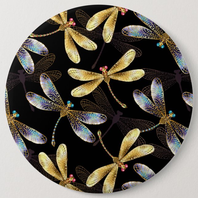 Seamless Pattern with Golden Dragonflies 6 Inch Round Button (Front)