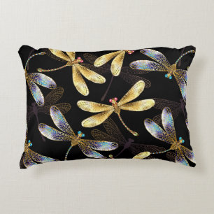 Seamless Pattern with Golden Dragonflies Accent Pillow