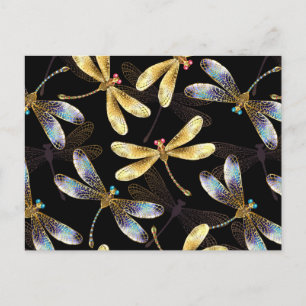 Seamless Pattern with Golden Dragonflies Announcement Postcard