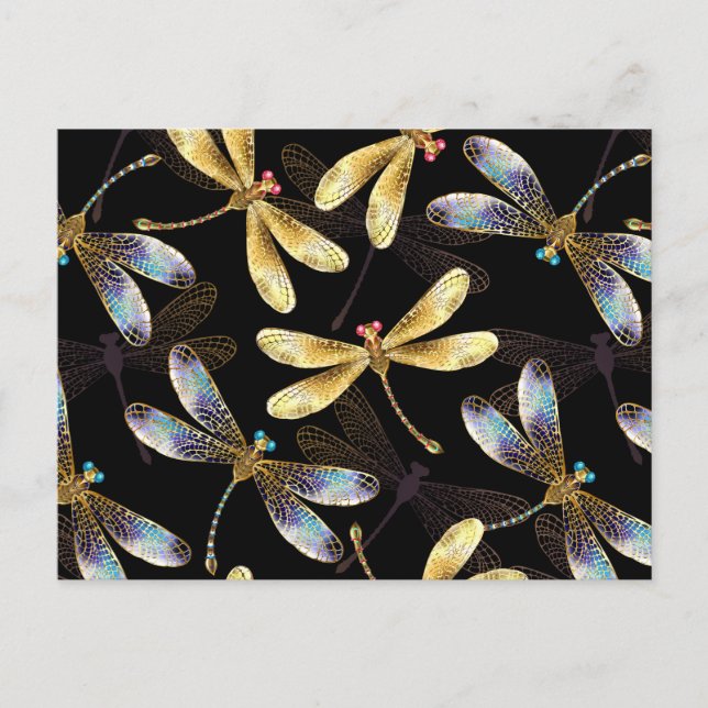 Seamless Pattern with Golden Dragonflies Announcement Postcard (Front)
