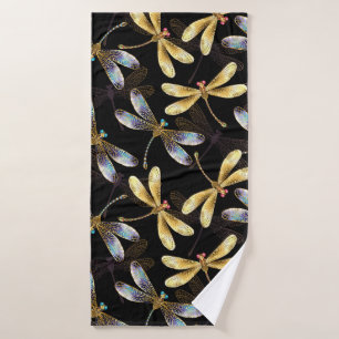 Seamless Pattern with Golden Dragonflies Bath Towel