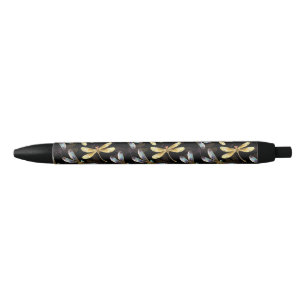Seamless Pattern with Golden Dragonflies Black Ink Pen