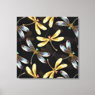 Seamless Pattern with Golden Dragonflies Canvas Print