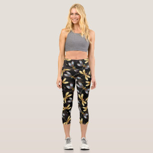 Seamless Pattern with Golden Dragonflies Capri Leggings