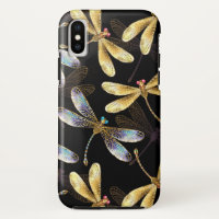 Seamless Pattern with Golden Dragonflies