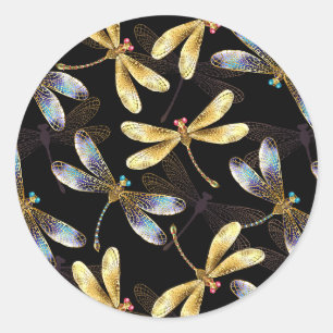 Seamless Pattern with Golden Dragonflies Classic Round Sticker