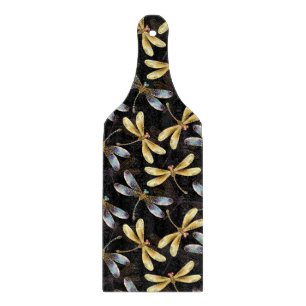 Seamless Pattern with Golden Dragonflies Cutting Board