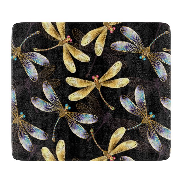 Seamless Pattern with Golden Dragonflies Cutting Board (Front)