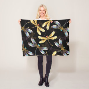 Seamless Pattern with Golden Dragonflies Fleece Blanket
