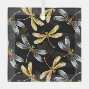 Seamless Pattern with Golden Dragonflies Glass Ornament