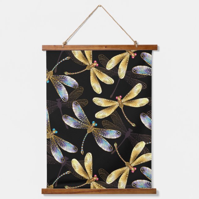 Seamless Pattern with Golden Dragonflies Hanging Tapestry (Front)