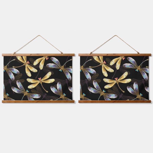 Seamless Pattern with Golden Dragonflies Hanging Tapestry (Double)