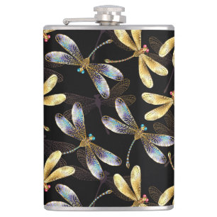 Seamless Pattern with Golden Dragonflies Hip Flask