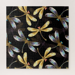 Seamless Pattern with Golden Dragonflies Jigsaw Puzzle