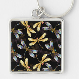 Seamless Pattern with Golden Dragonflies Keychain