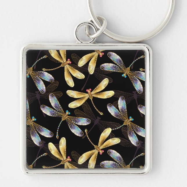 Seamless Pattern with Golden Dragonflies Keychain (Front)