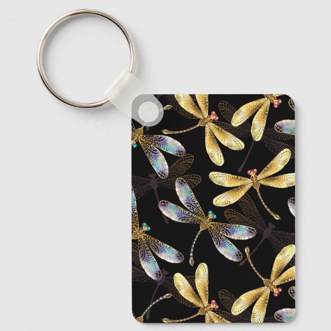 Seamless Pattern with Golden Dragonflies Keychain (Front)