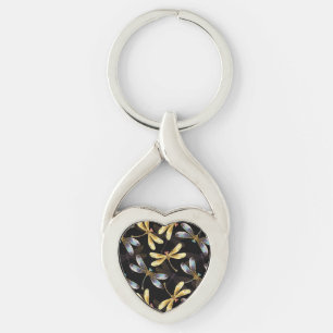 Seamless Pattern with Golden Dragonflies Keychain