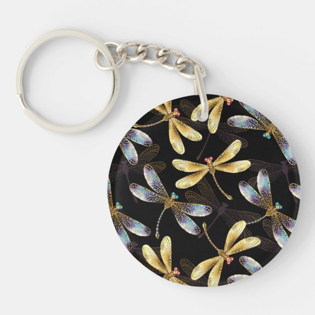 Seamless Pattern with Golden Dragonflies Keychain (Front)