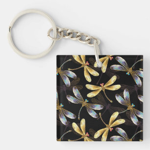 Seamless Pattern with Golden Dragonflies Keychain
