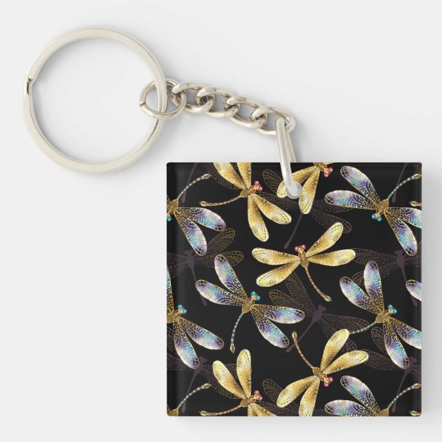 Seamless Pattern with Golden Dragonflies Keychain (Front)