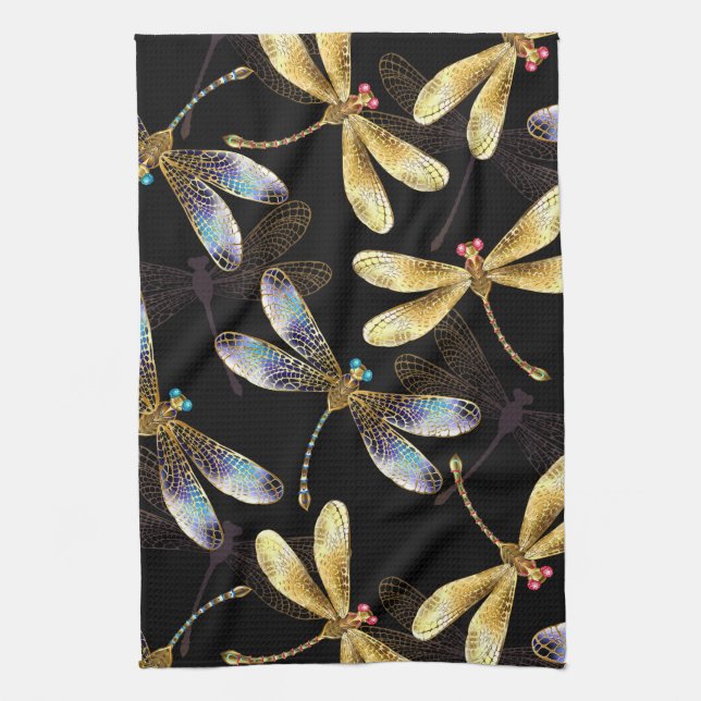 Seamless Pattern with Golden Dragonflies Kitchen Towel (Vertical)