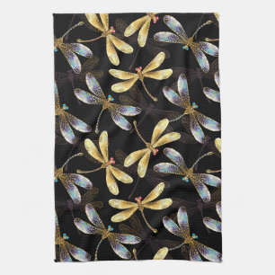 Seamless Pattern with Golden Dragonflies Kitchen Towel