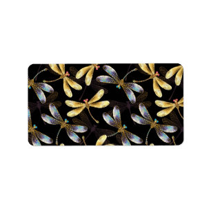 Seamless Pattern with Golden Dragonflies Label